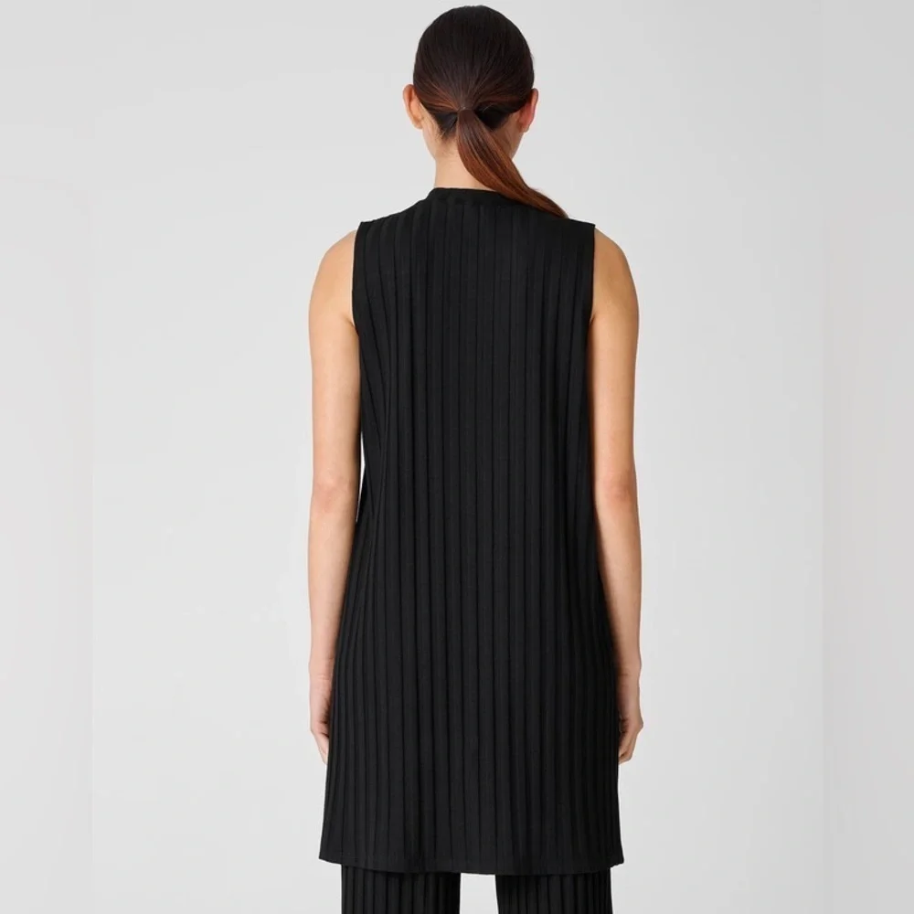 Eileen Fisher System Black Wide Rib Stretch Mock Neck Sleeveless Dress NWT Sz M